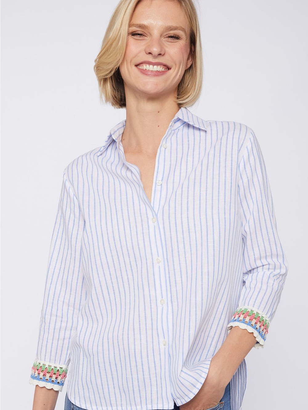 Vilagallo Sara Blue Stripe Crochet Cuff Shirt (Sz 40)